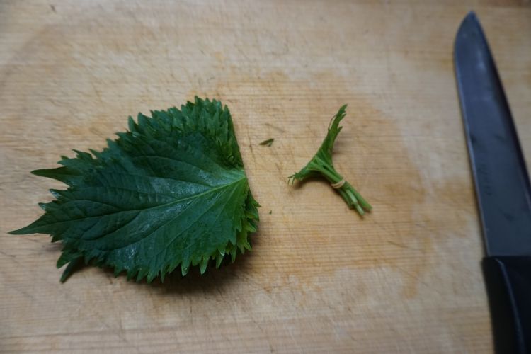 大葉の茎をとる